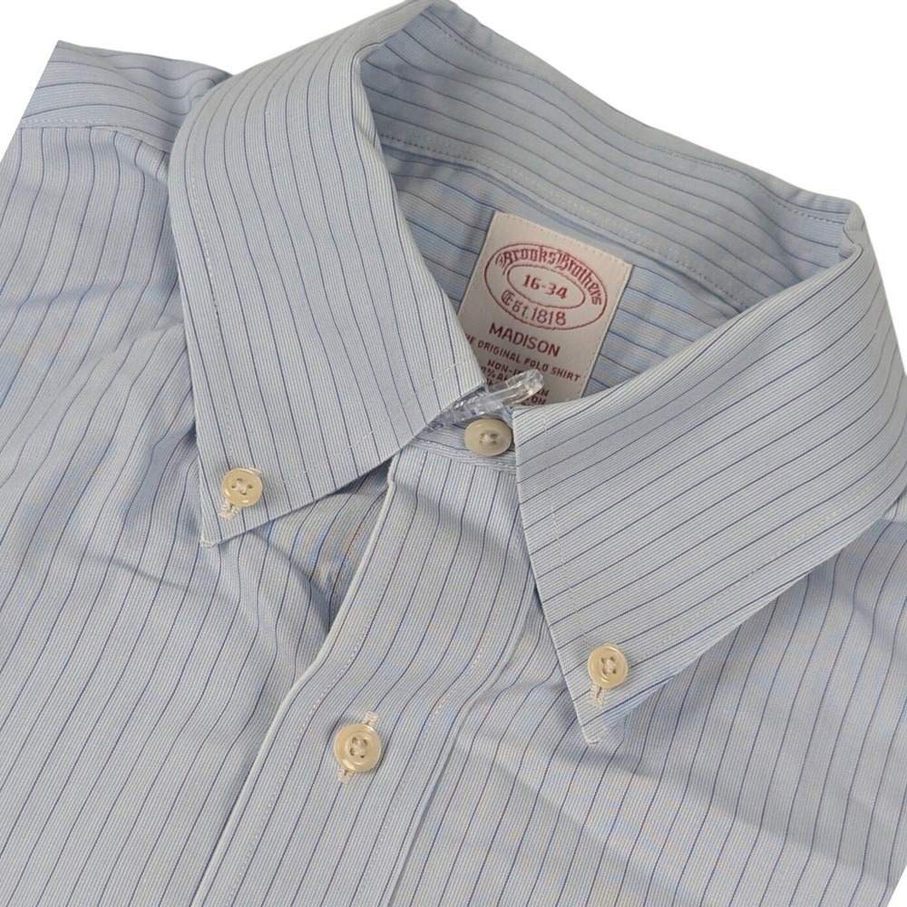 Brooks Brothers Madison Fit Non-Iron Shirt Mens 16-34 Blue Pinstripe Button Down